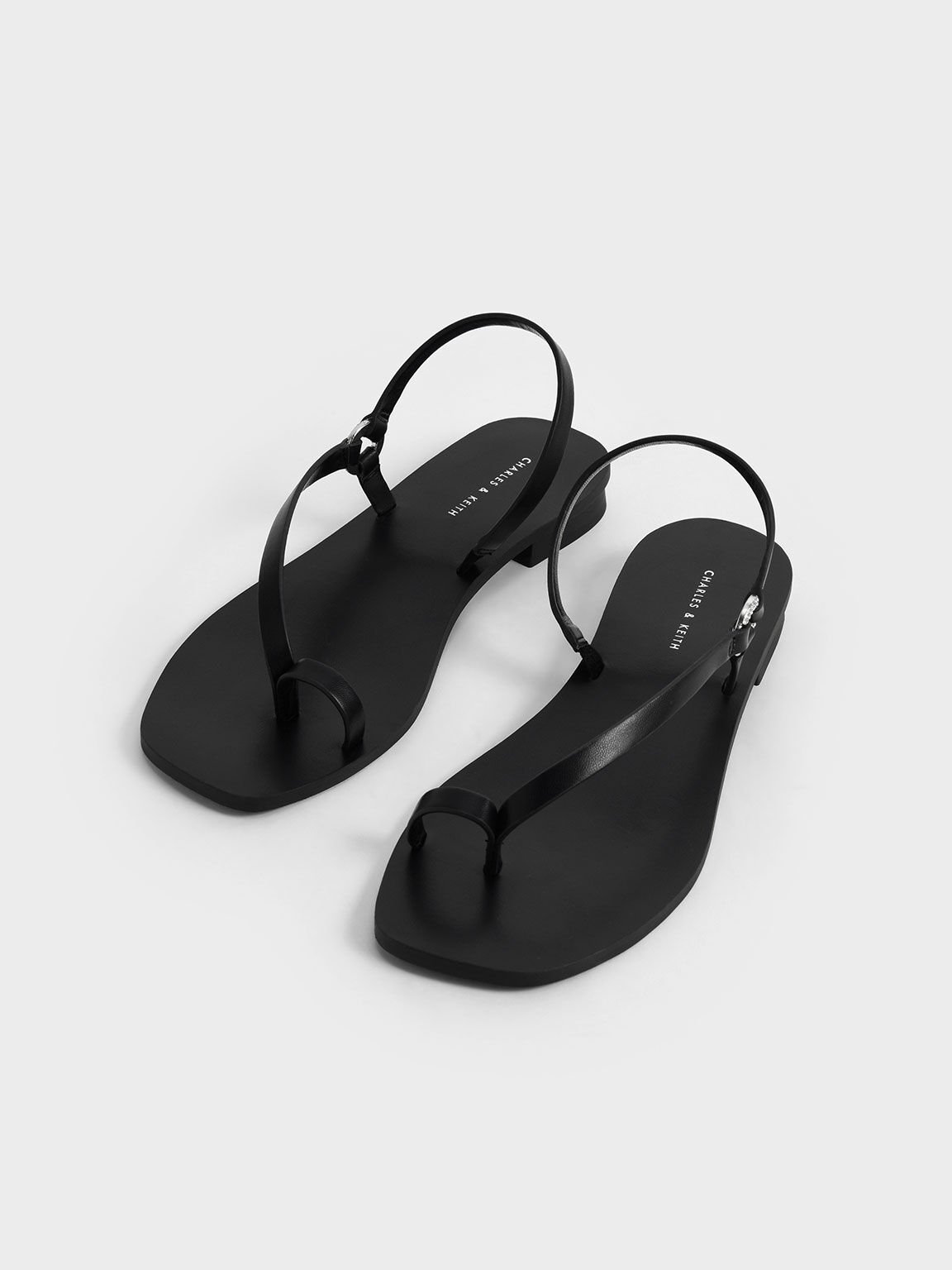 Toe Ring Asymmetric Flat Sandals, Black, hi-res