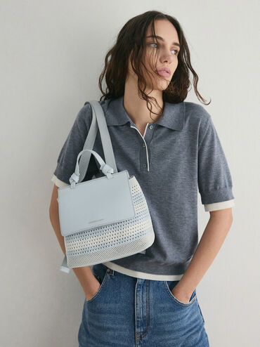 Girls' Ida Knitted Checkered Backpack, Sea Salt Blue, hi-res