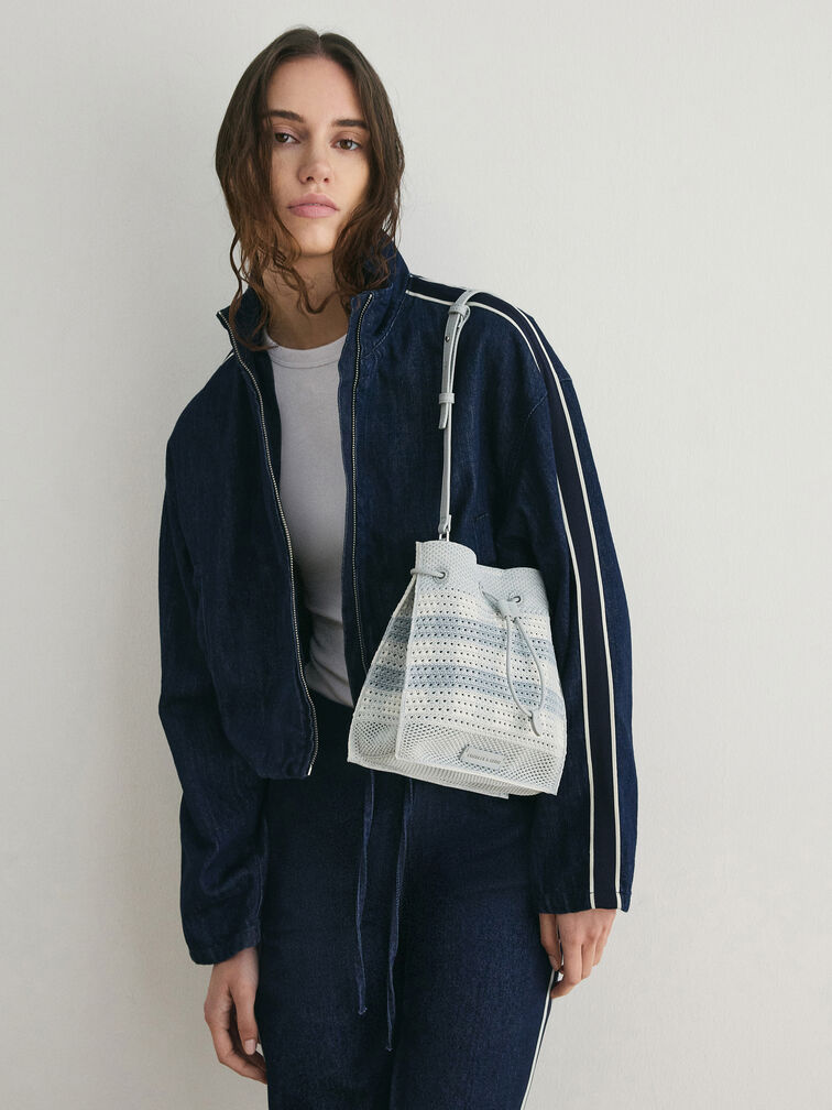 Ida Checkered Knitted Bucket Bag, Sea Salt Blue, hi-res