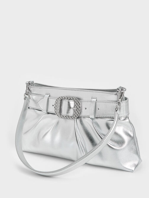 Avis Metallic Belted Ruched Shoulder Bag, สีเงิน, hi-res