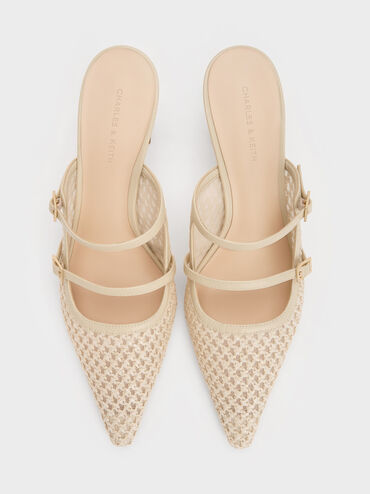 Raffia Sculptural-Heel Pointed Mules, Beige, hi-res