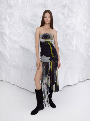 Textured Ruched Knee-High Boots, Black Textured, hi-res