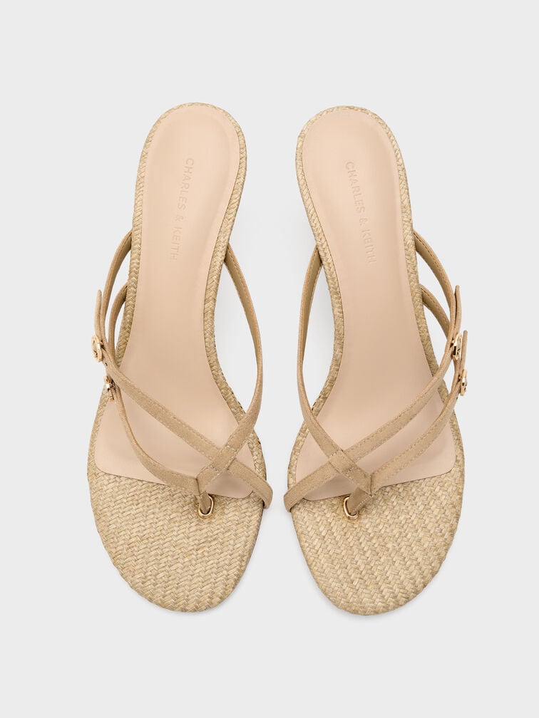 Faux Suede Crossover Toe-Ring Strappy Heels, Sand, hi-res