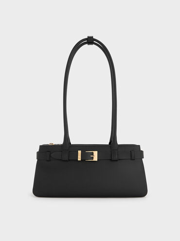 กระเป๋าสะพายไหล่หนังแท้ตกแต่งสายเข็มขัดรุ่น Jody, สีดำ, hi-res