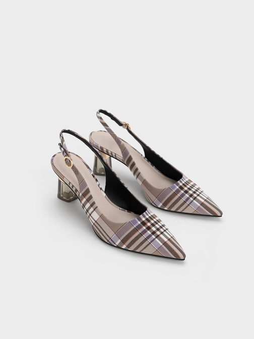 Checkered See-Through Trapeze Heel Slingback Pumps, Taupe, hi-res