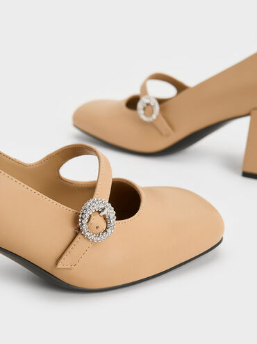 Crystal-Embellished Mary Jane Pumps, Camel, hi-res