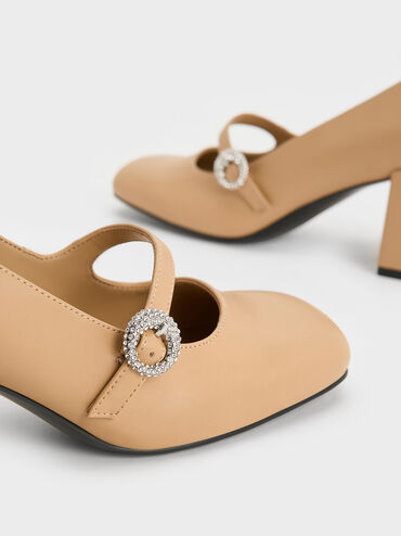 Crystal-Embellished Mary Jane Pumps, สีคาเมล, hi-res