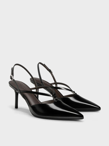 V-Strap Slingback Pumps, Black Boxed, hi-res