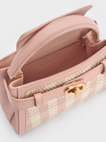 กระเป๋าถือพร้อมหูจับดีไซน์ลายตารางรุ่น Aubrielle, สีชมพูอ่อน, hi-res