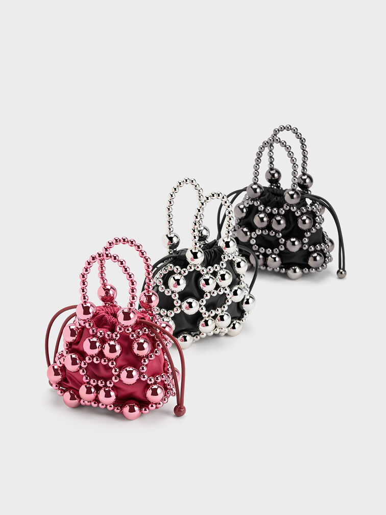 Beaded Top Handle Bag, สีฟูเชีย, hi-res