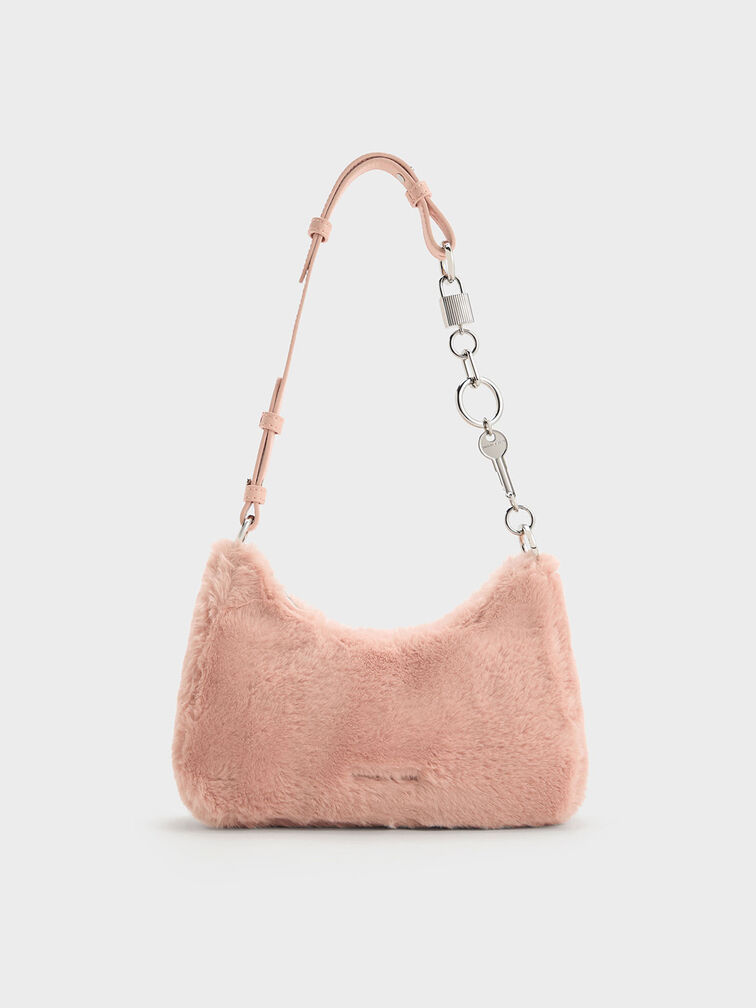 Furry Lock & Key Chain Handle Bag, , hi-res
