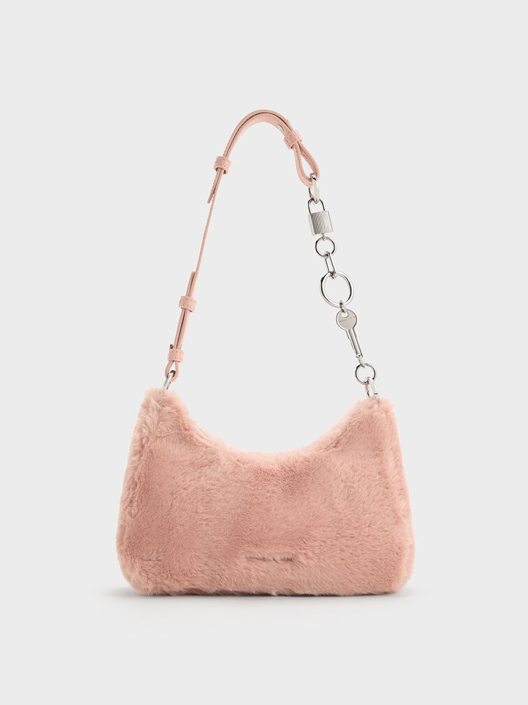 Furry Lock & Key Chain Handle Bag, , hi-res
