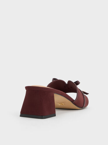 Leather & Suede Bow Heeled Mules, Burgundy, hi-res