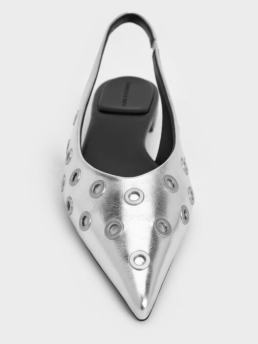 Metallic Grommet Pointed-Toe Slingback Flats, Silver, hi-res