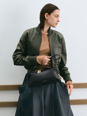 กระเป๋าสะพายไหล่ดีไซน์สายแบบคู่รุ่น Deyna, สีดำ, hi-res