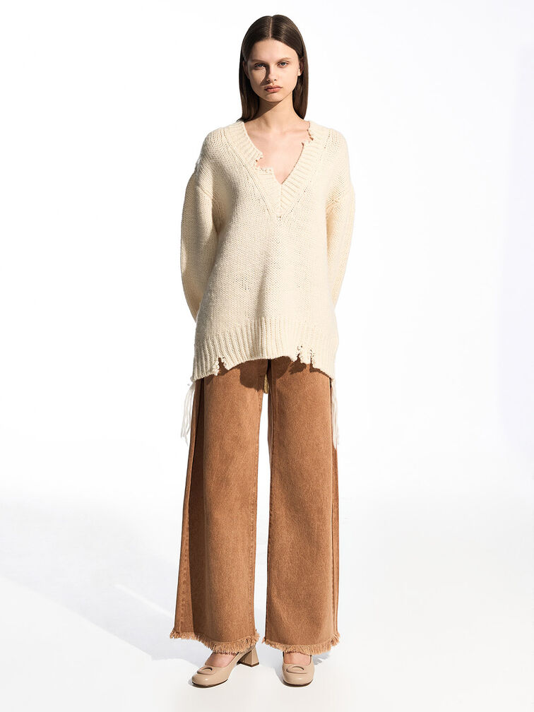 Oval Trapeze-Heel Pumps, Beige, hi-res