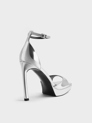 Metallic Platform Heeled Sandals, Silver, hi-res