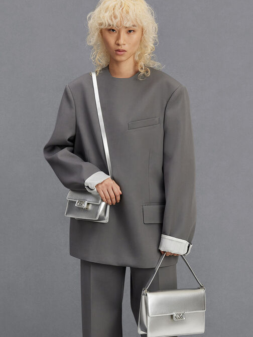 Leather Metallic Boxy Bag, Silver, hi-res