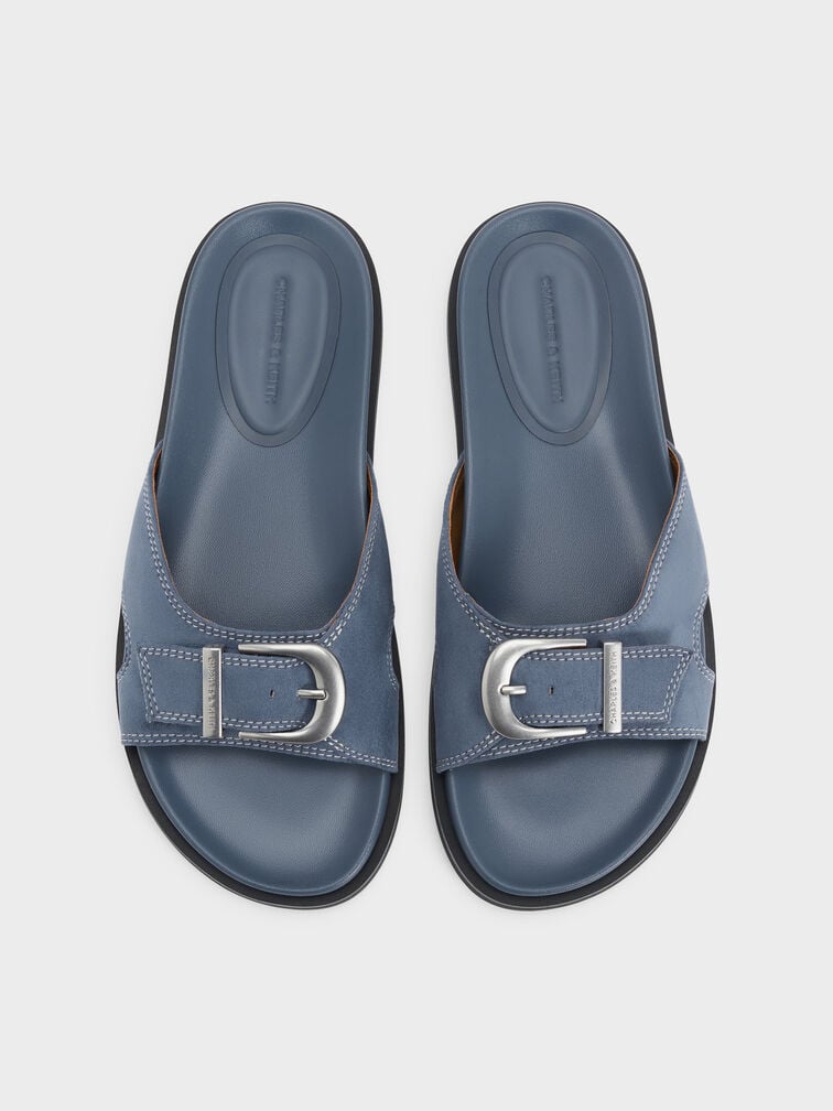 Faux Suede Stitch-Trim Buckled Slides, Blue, hi-res