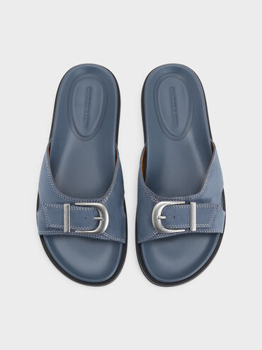 Faux Suede Stitch-Trim Buckled Slides, Blue, hi-res