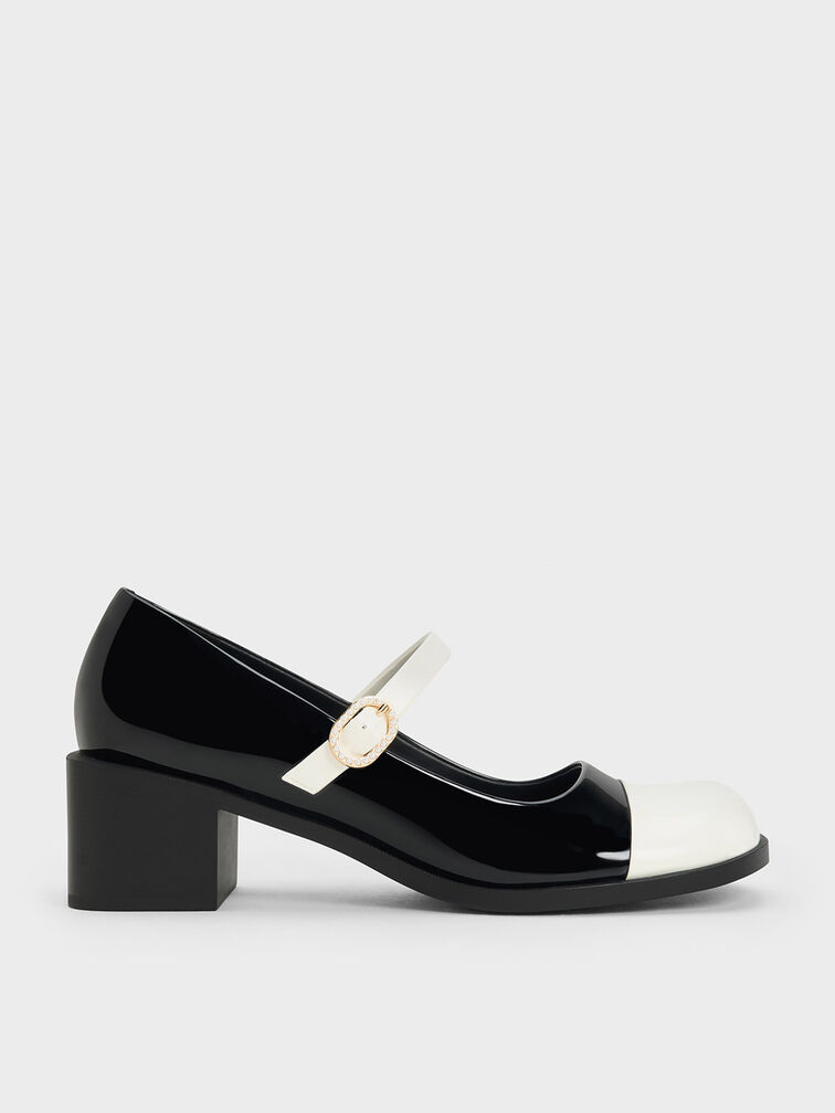 Patent Crystal-Embellished Buckle Two-Tone Mary Janes, หนังแก้วสีดำ, hi-res