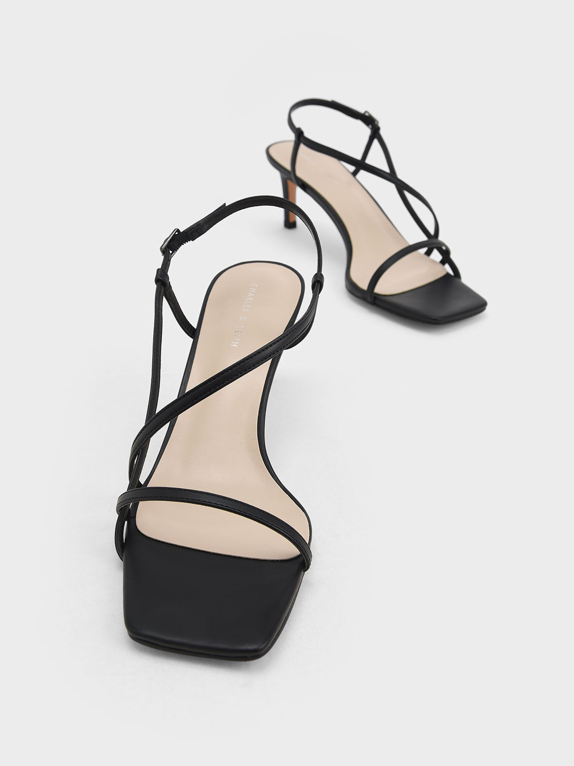 Asymmetric Strap Heeled Sandals, Black, hi-res