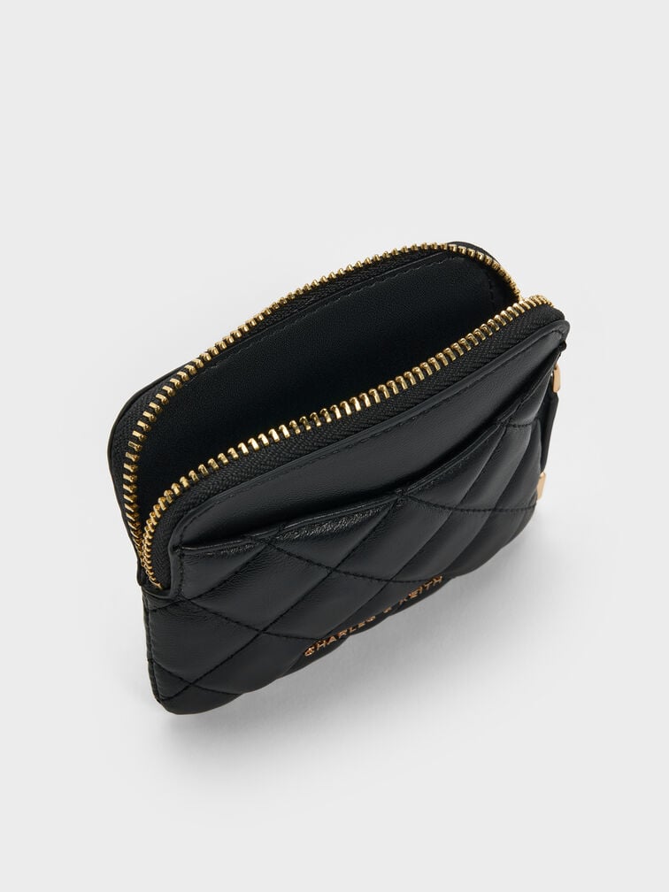Alva Quilted Top-Zip Card Holder, Black, hi-res