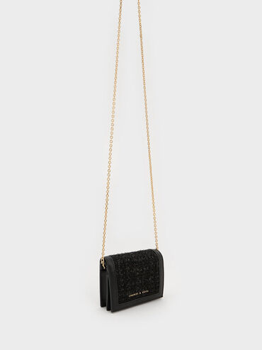 Tweed Snap Button Mini Short Wallet, สีดำ, hi-res
