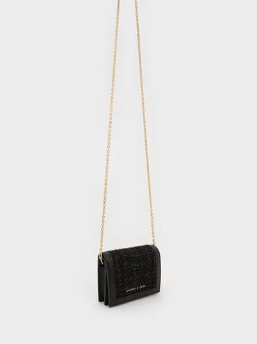 Tweed Snap Button Mini Short Wallet, สีดำ, hi-res