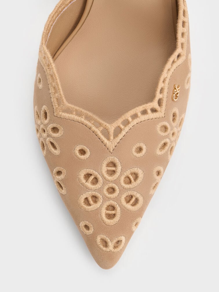 Leather Embroidered Pointed Slingback Pumps, Beige, hi-res