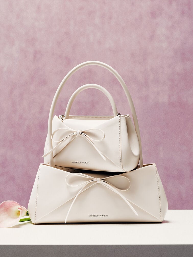 Hazel Bow Panelled Top Handle Bag, Cream, hi-res
