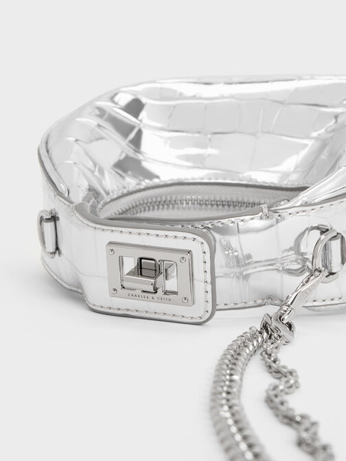 Mini Croc-Effect Metallic Moon Bag, , hi-res