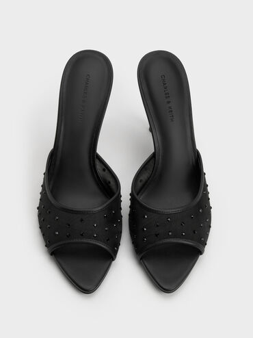 Mesh Crystal Peep-Toe Heeled Mules, Black Textured, hi-res
