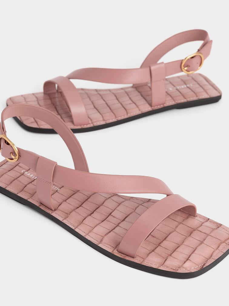 Croc-Effect Asymmetric Slingback Flat Sandals, , hi-res