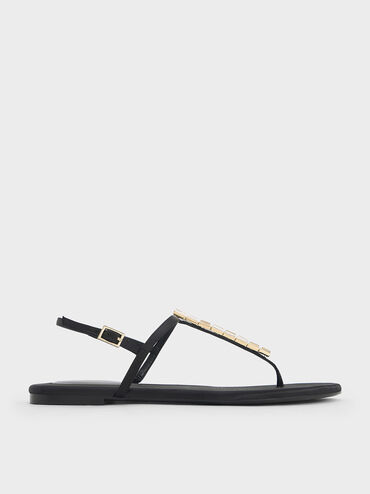 Satin Crystal-Embellished Thong Slingback Sandals, Black Textured, hi-res