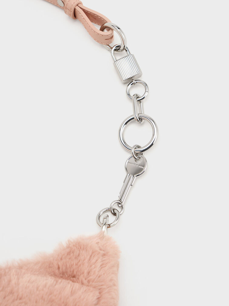 Furry Lock & Key Chain Handle Bag, , hi-res