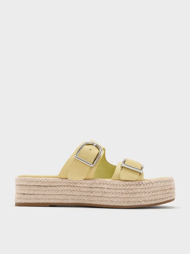 Faux Suede Double-Strap Espadrille Flatform Sandals, Yellow, hi-res