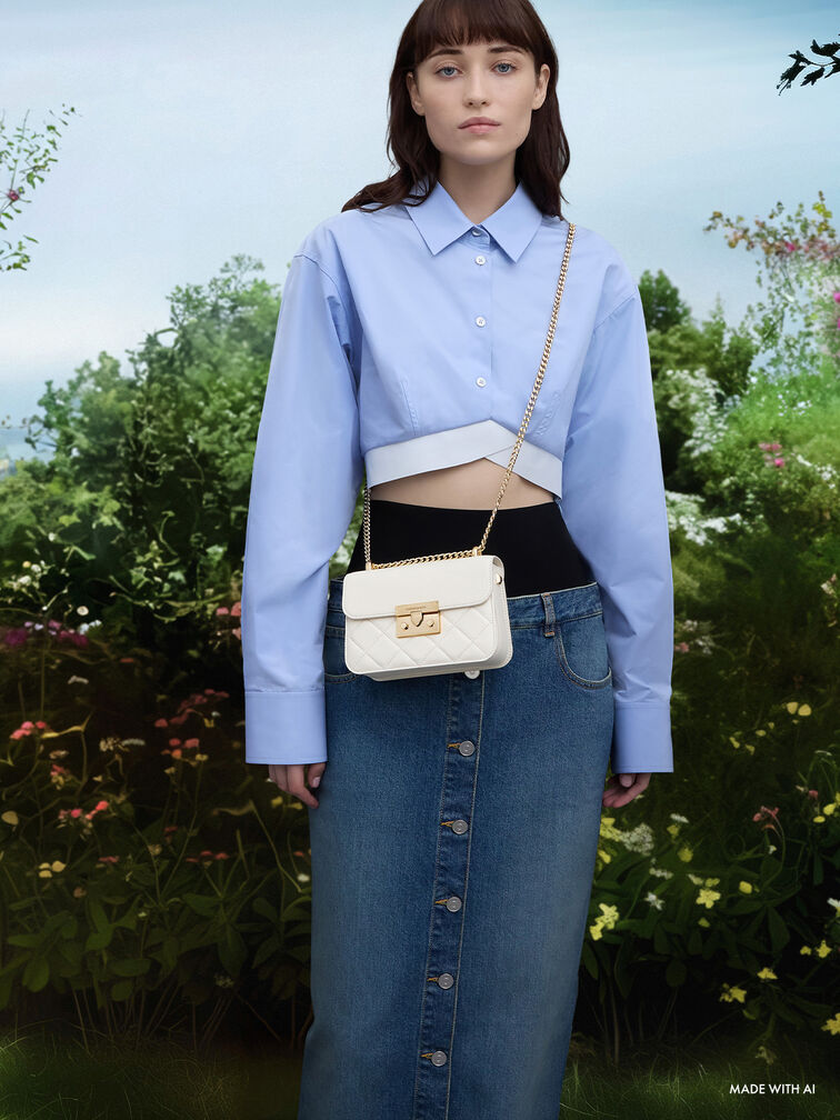 กระเป๋าถือสายโซ่ดีไซน์ลายควิลท์รุ่น Alva, สีครีม, hi-res