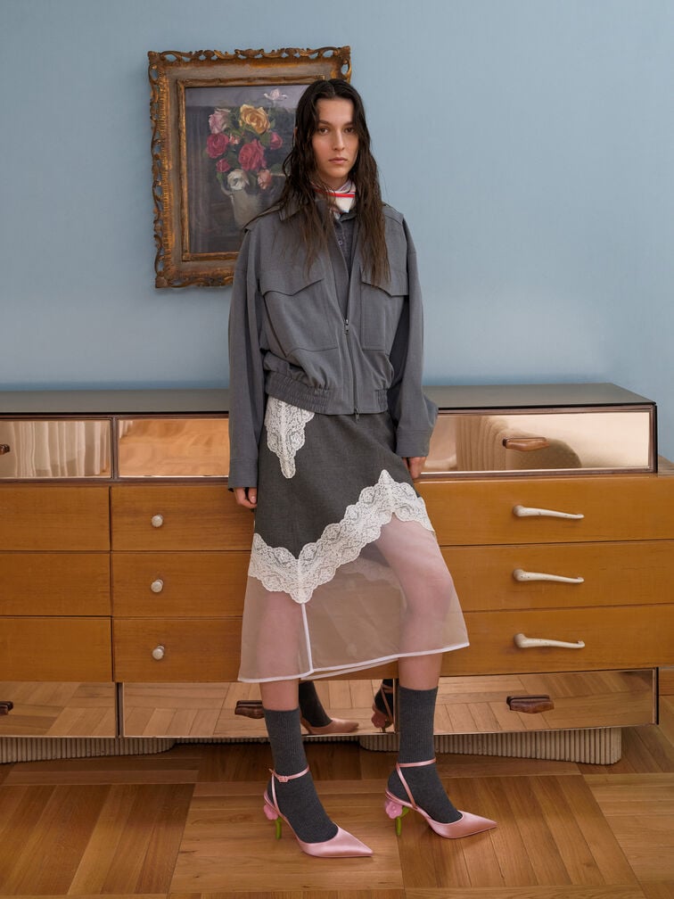 รองเท้าส้นสูงดีเทลส้นรูปดอกไม้ดีไซน์หัวแหลมพร้อมสายรัดข้อเท้า, สีชมพู, hi-res