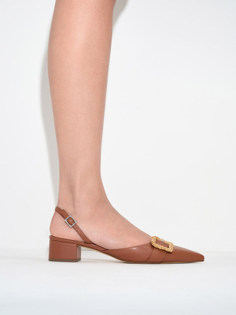 Woven-Buckle Slingback Pumps, Brown, hi-res