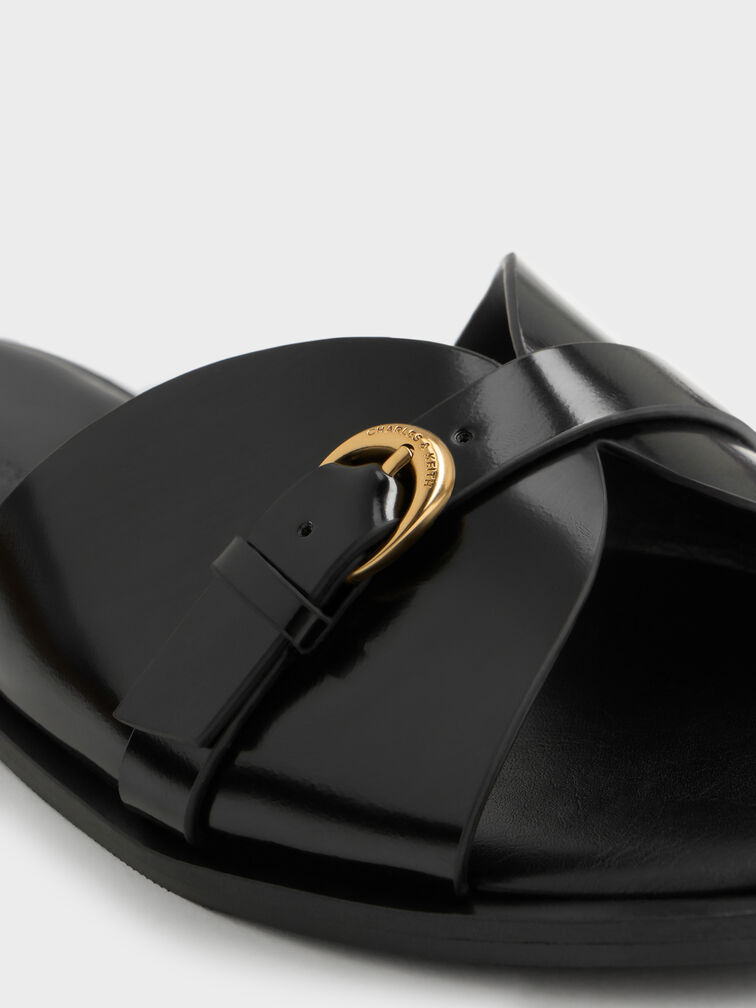 Buckled-Strap Slide Sandals, Black Boxed, hi-res