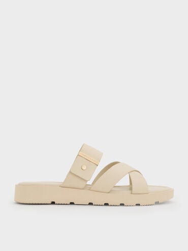Metallic-Accent Crossover-Strap Slide Sandals, Chalk, hi-res