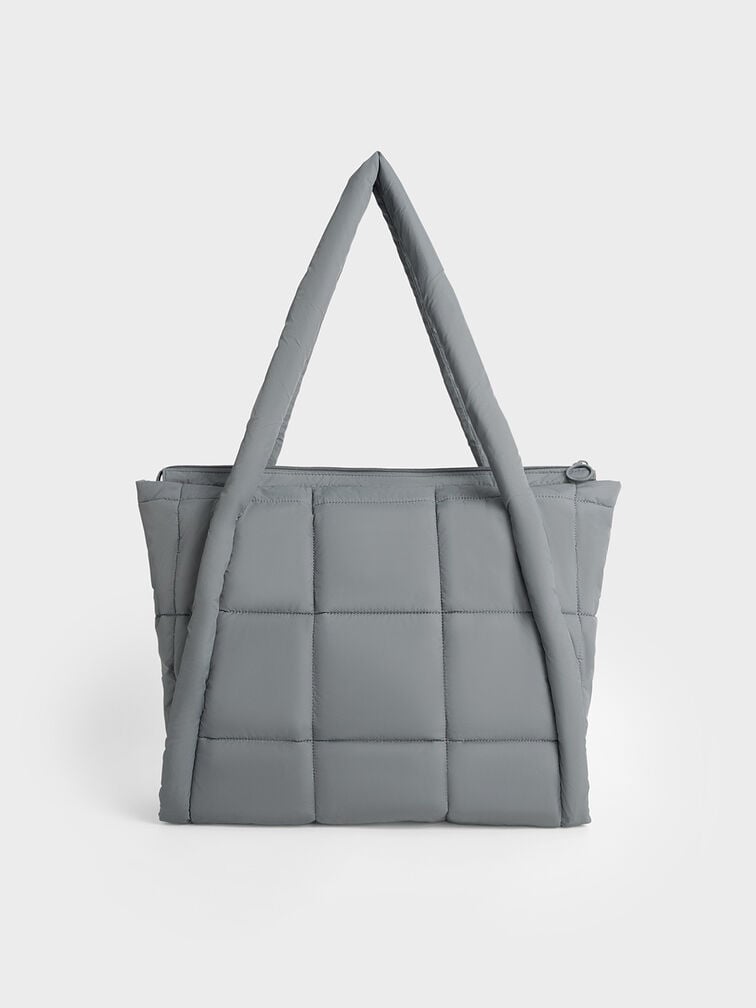 Errya Nylon Quilted Puffy Tote Bag, Grey, hi-res