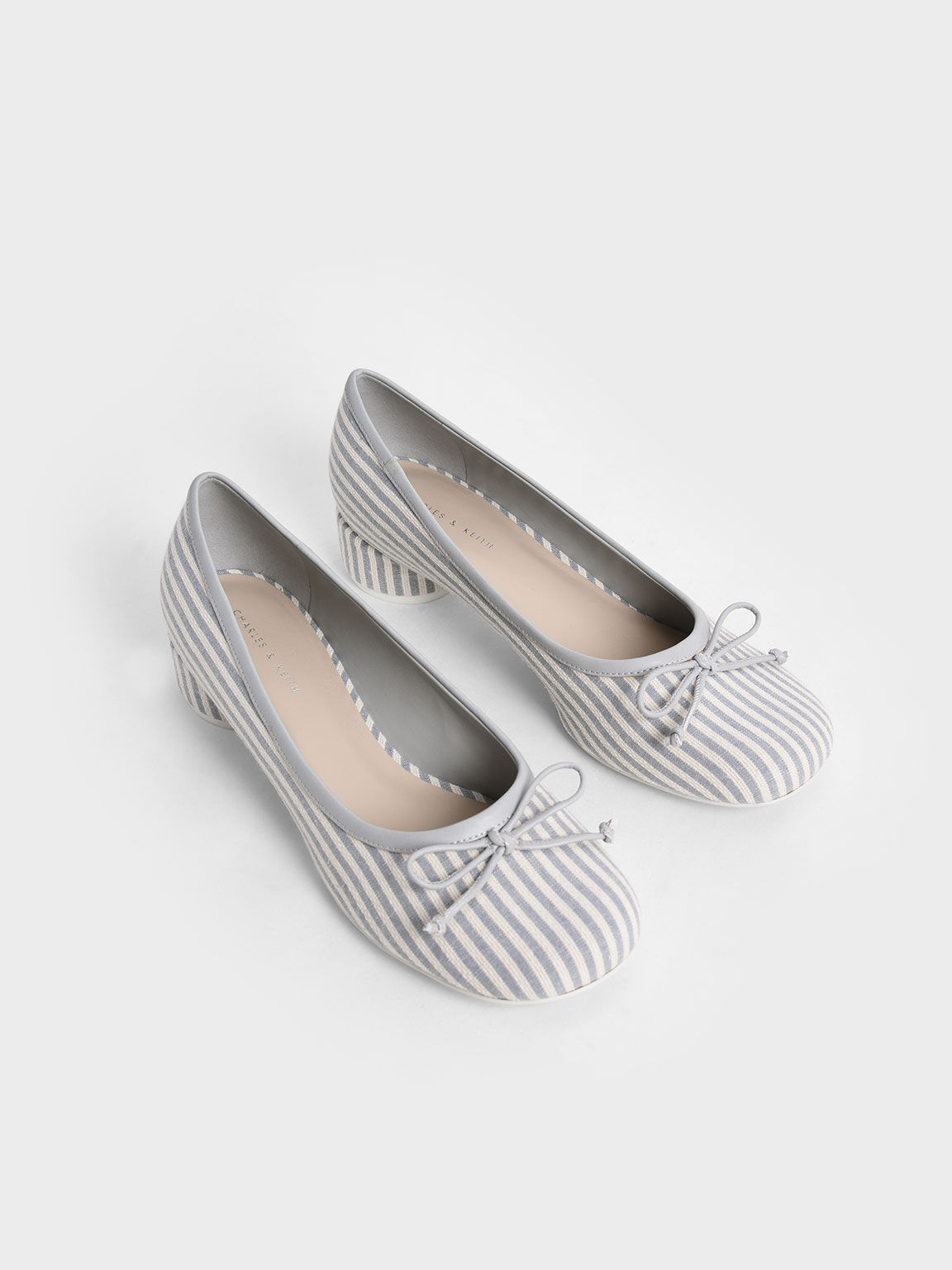 Striped Bow Cylindrical Heel Pumps, Light Blue, hi-res