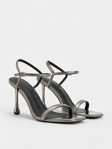 Metallic Sculptural-Heel Ankle-Strap Sandals, Pewter, hi-res