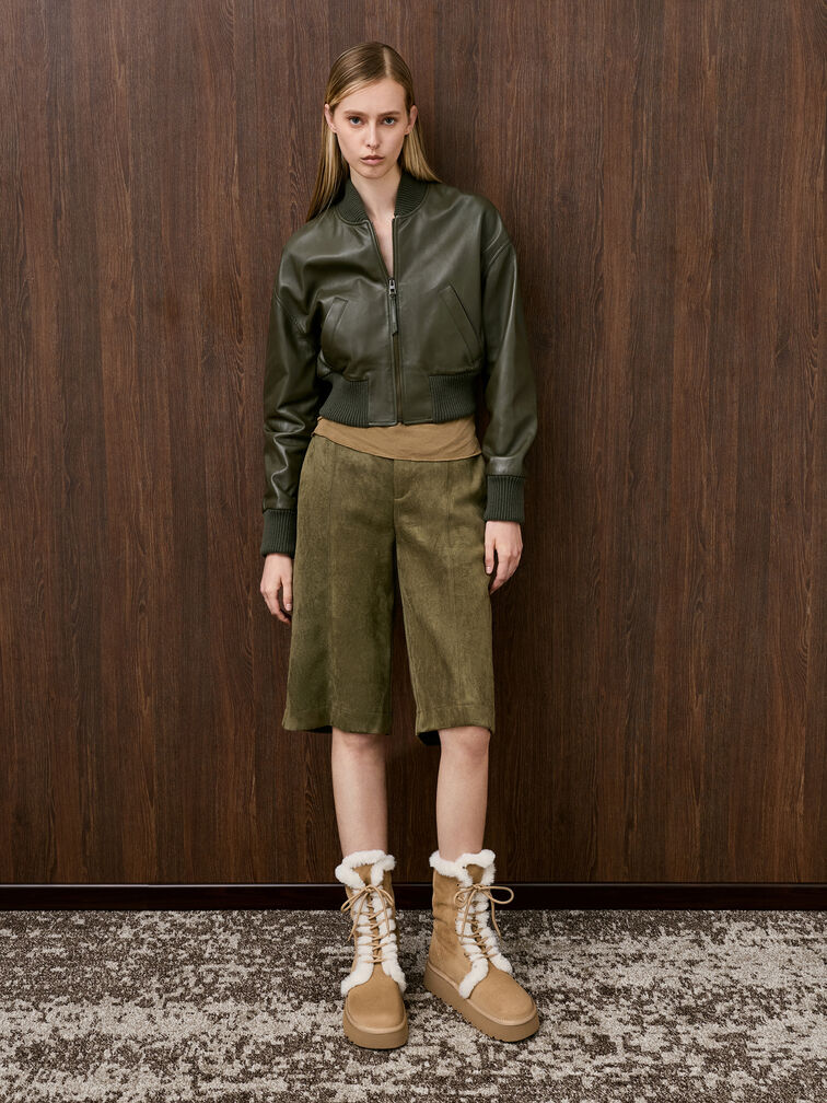 Faux Suede & Faux Fur Foldover Flatform Boots, Sand, hi-res