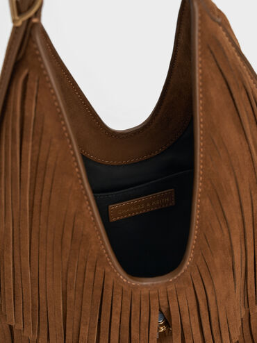 Cesia Recycled Suede Fringed Hobo Bag, Sienna Brown, hi-res