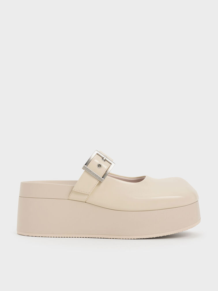 Buckle-Strap Flatform Mules, สีชอล์ค, hi-res