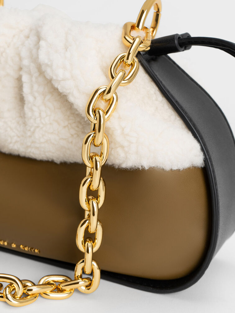 Furry Ruched Chain Handle Drawstring Bag, , hi-res