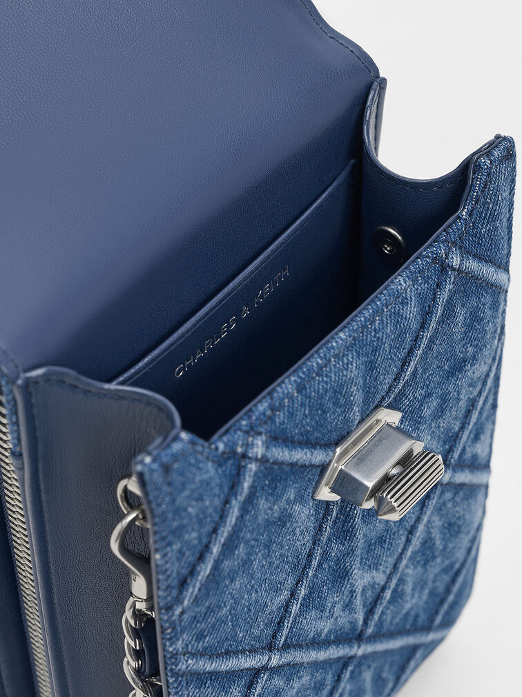Eleni Denim Quilted Elongated Crossbody Bag, Denim Blue, hi-res
